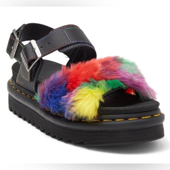 Dr Martens Voss II Fluffy Black/Rainbow Sandals Womens - Picture 1 of 7